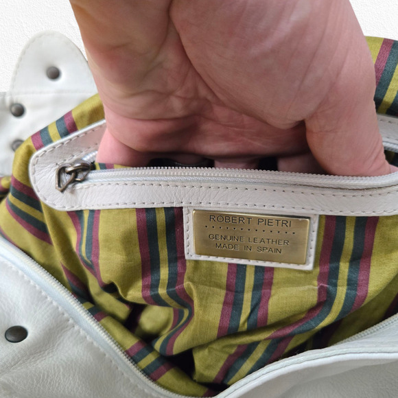 Y2K Robert Pietri White Tan Pebbled Genuine Leather Spacious Tote Shoulder Bag - Picture 10 of 12